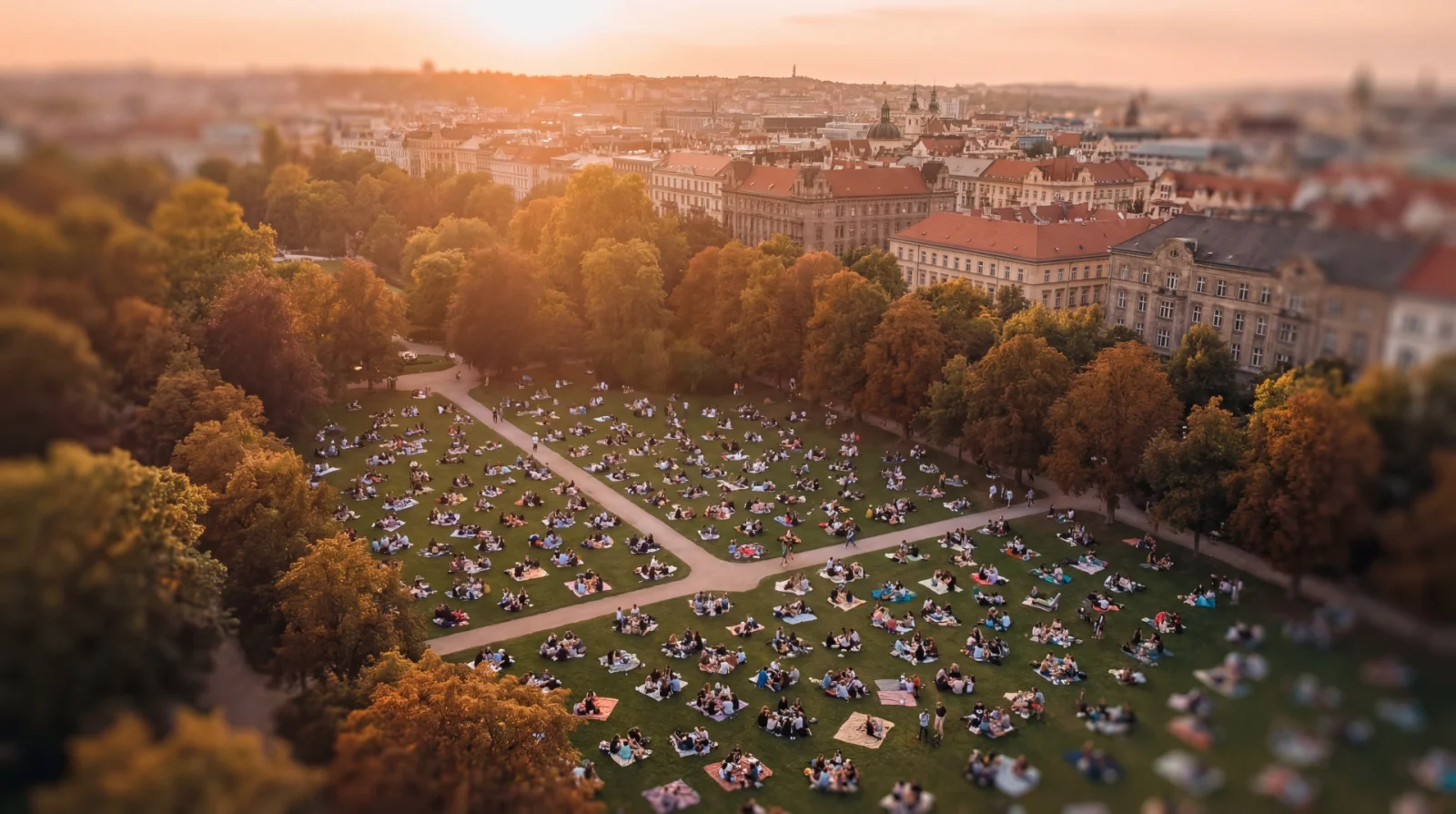 Gemeinschaft im Park bei Sonnenuntergang